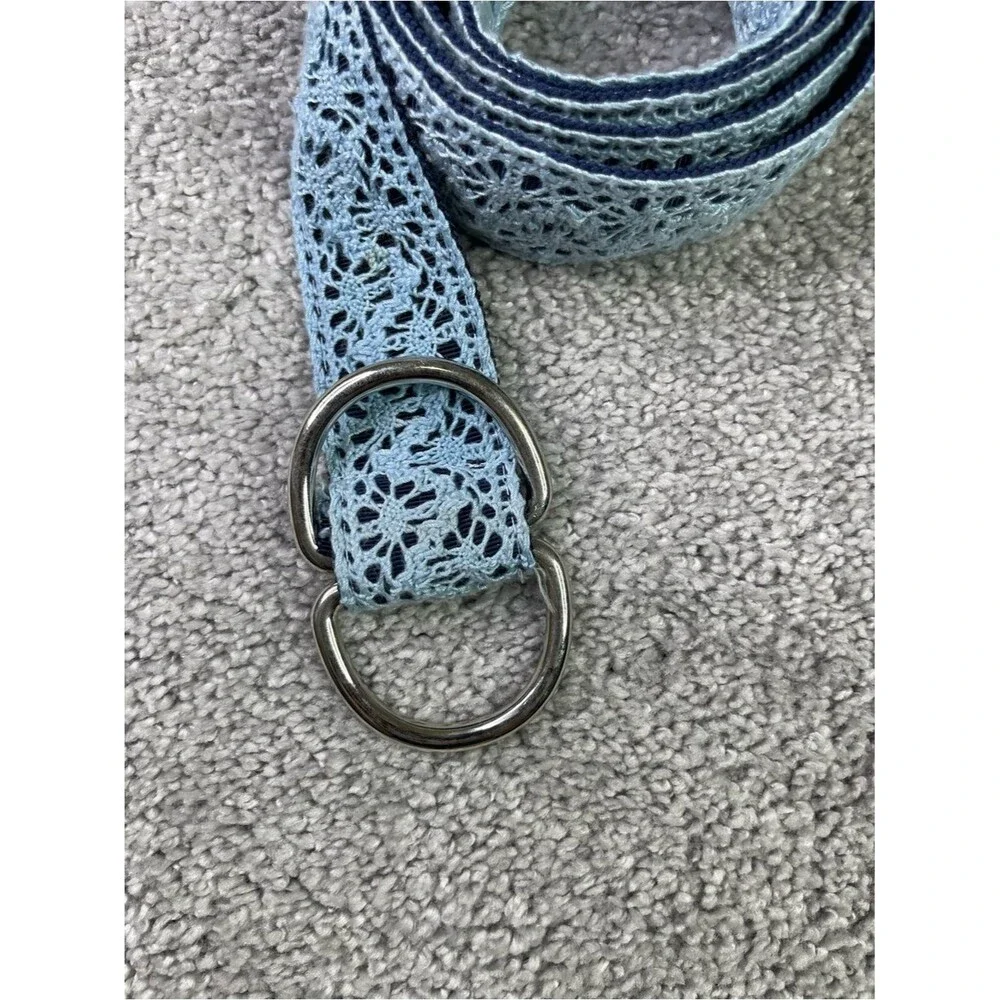 Talbots Lace Overlay D-Ring Belt Light Blue Navy Adjustable Size Large 44 In